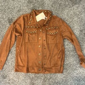 Faux suede grommet detailed snap up shirt